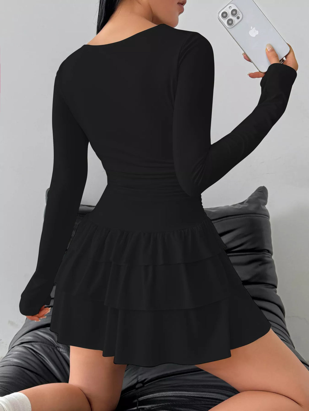 Ruched Long Sleeve Layered Ruffle Mini Dress