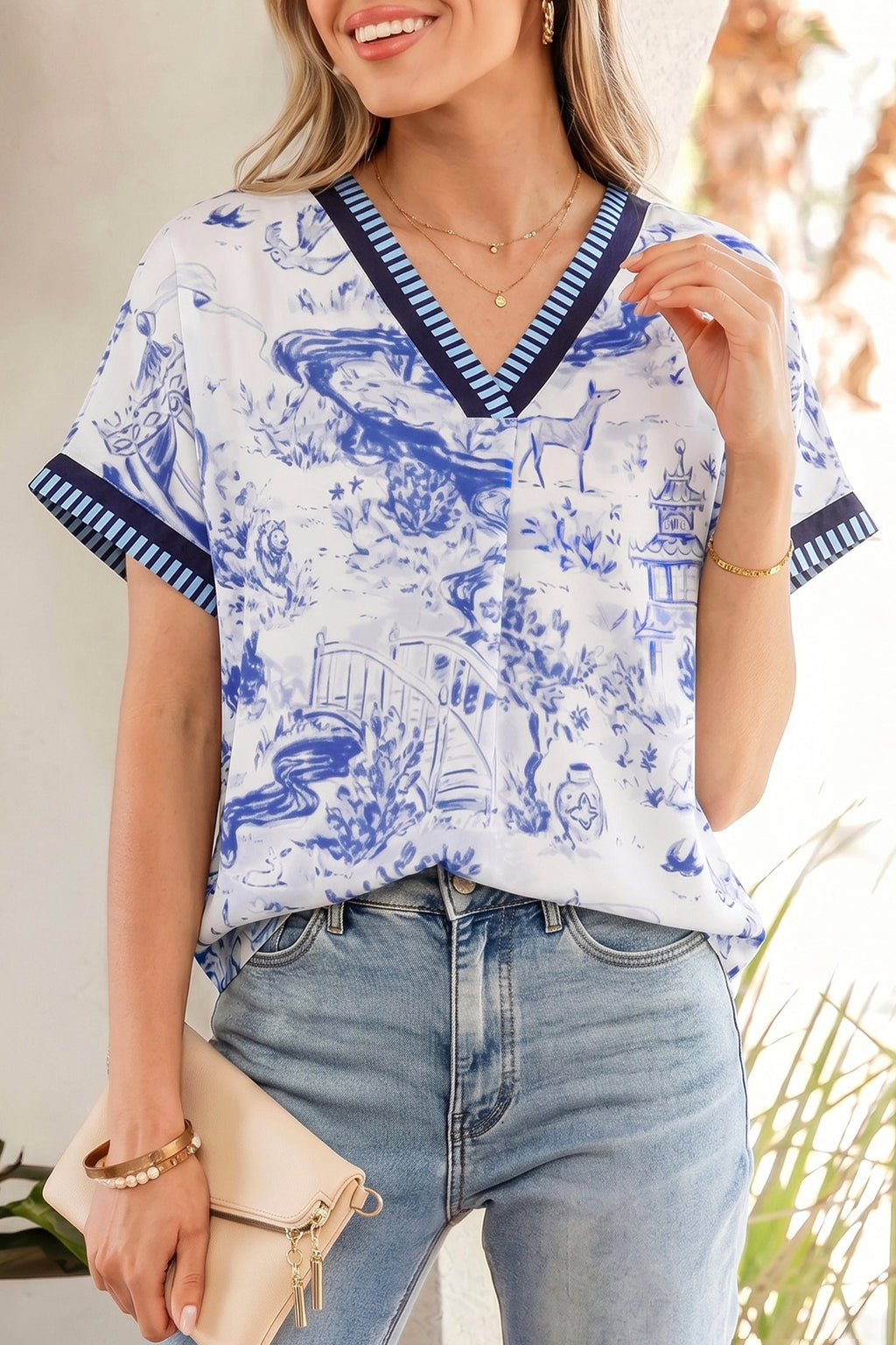 Blue Wild Animal Paradise Striped Trim V Neck Short Sleeve Blouse