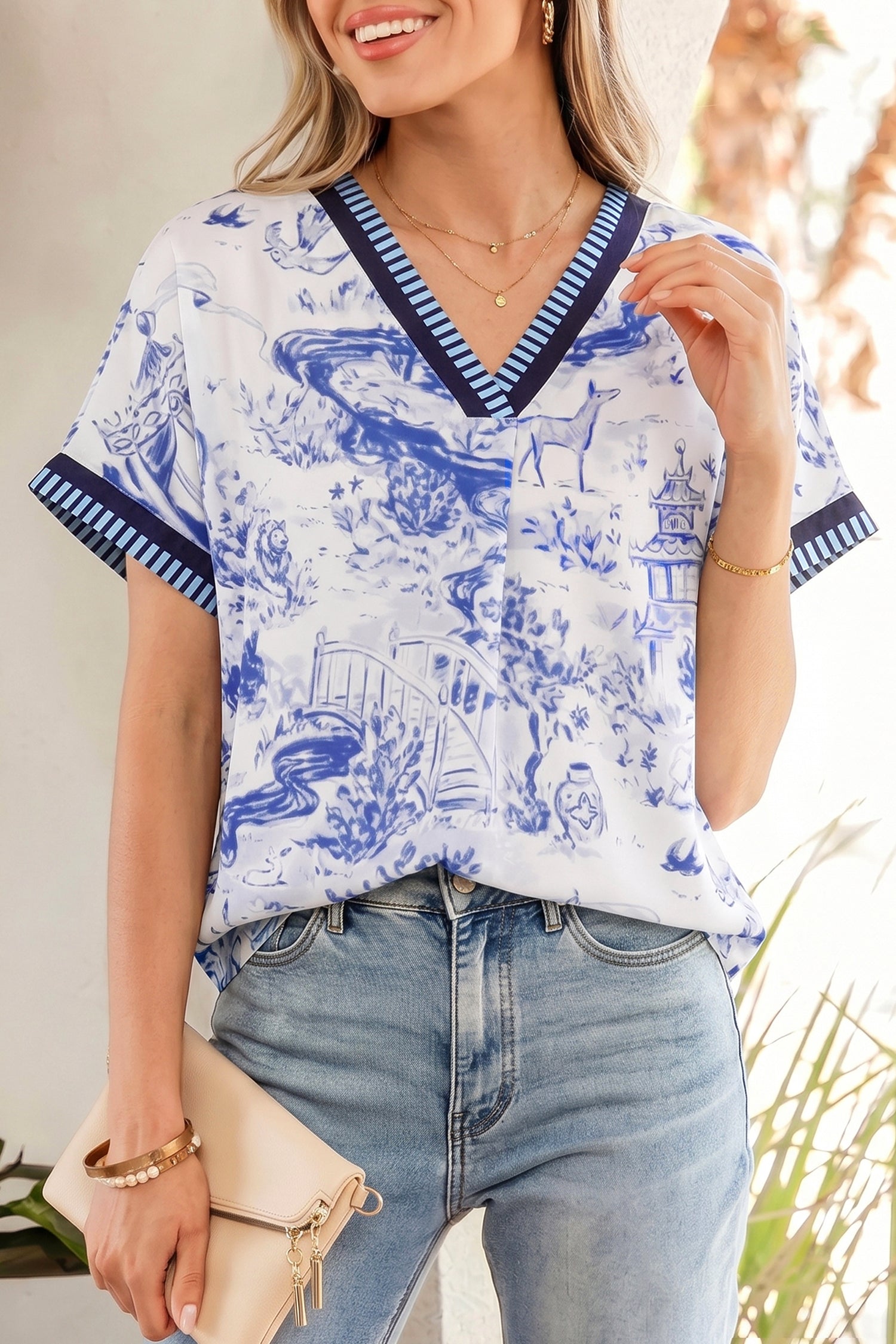 Blue Wild Animal Paradise Striped Trim V Neck Short Sleeve Blouse