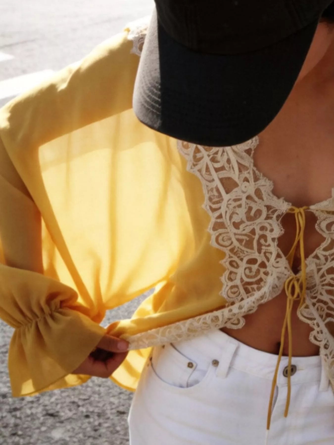 Sheer Lace-Trimmed Front Tie Blouse