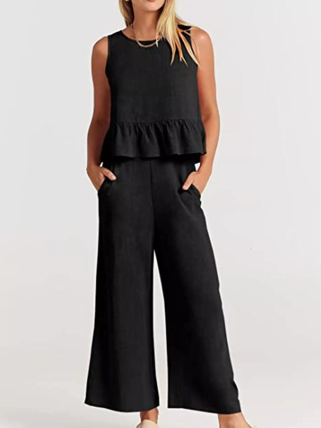 Full Size Ruffled Hem Sleeveless Top and Wide-Leg Pants Set Plus Size