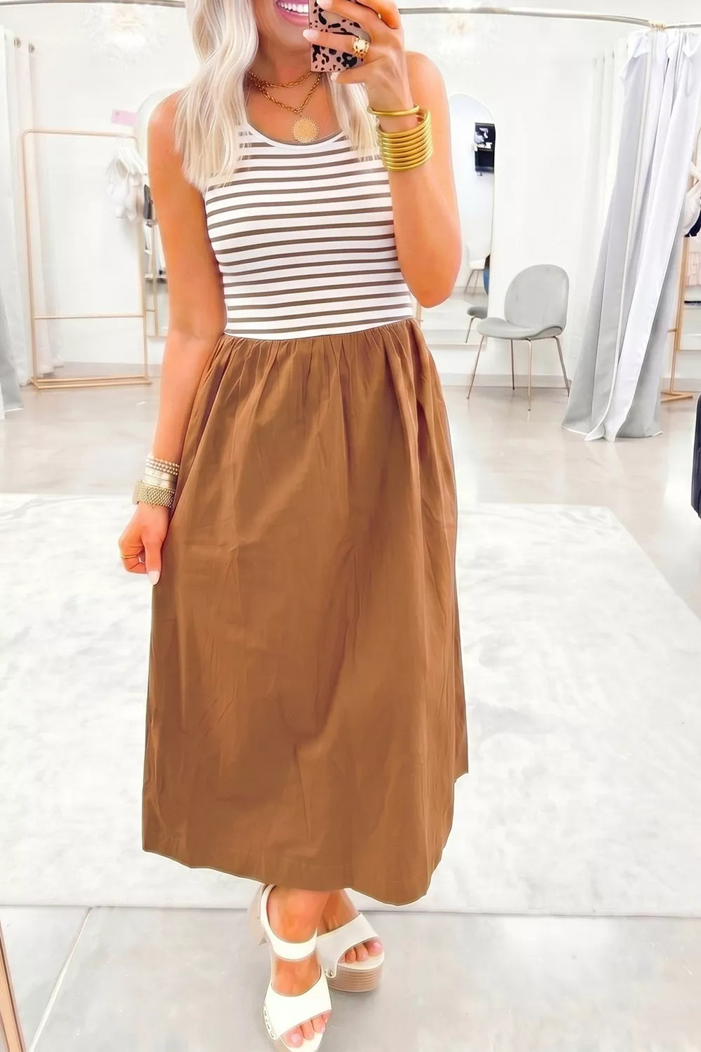 Striped Colorblock Patchwork Sleeveless Casual Long Dress