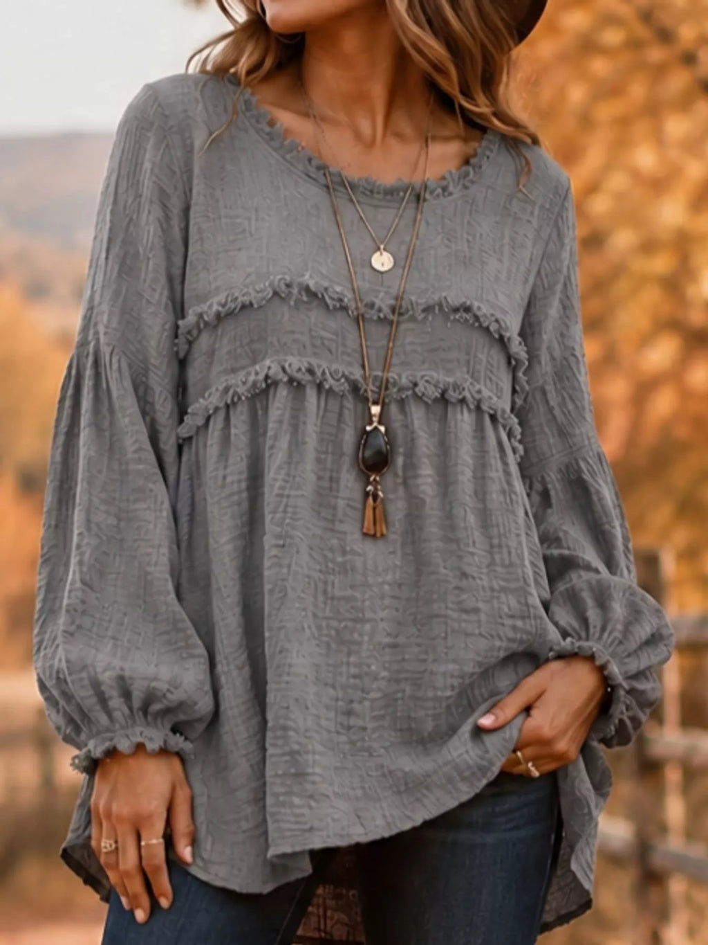 Full Size Boho Chic Textured Frayed Trim Peplum Blouse Plus Size