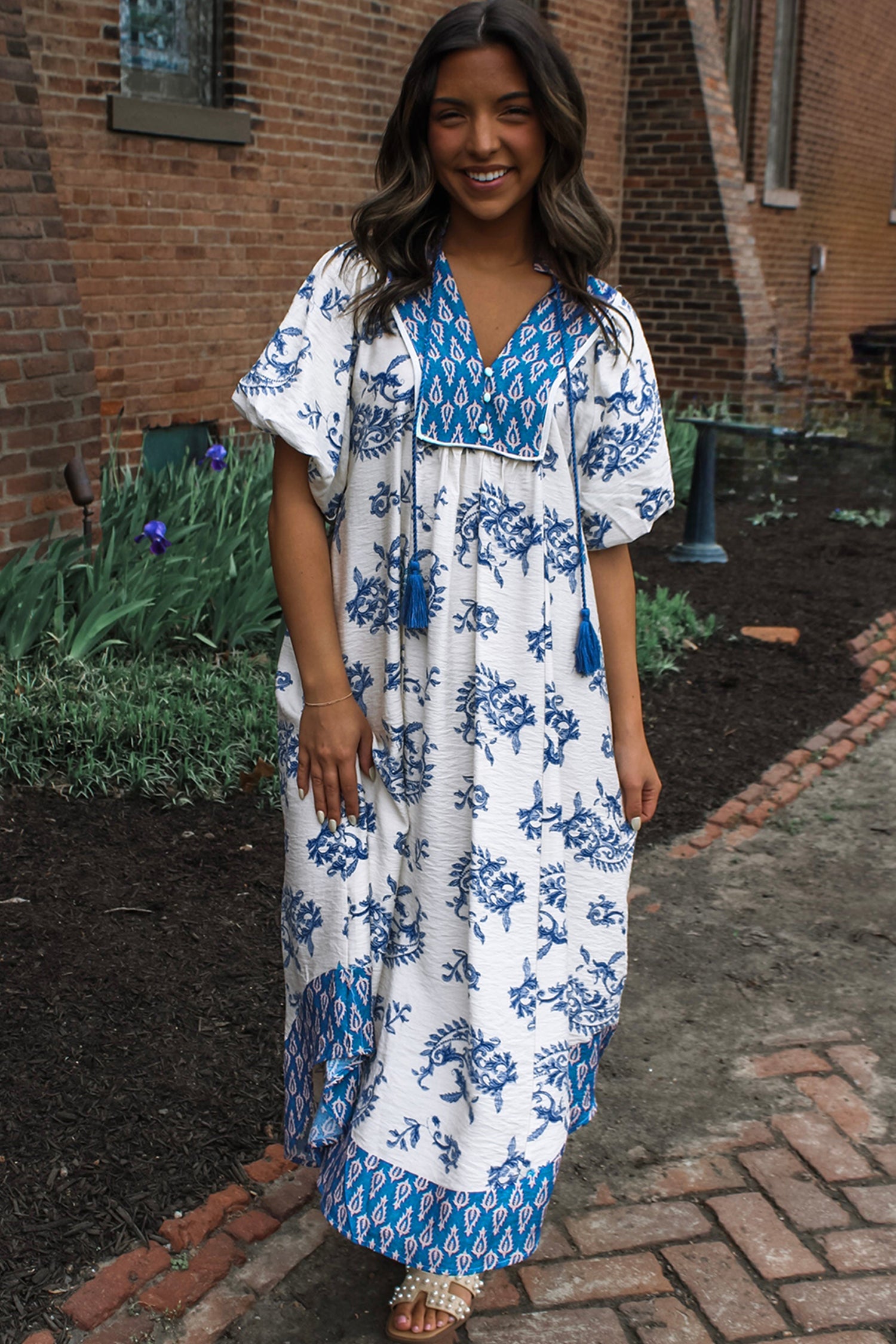 Sky Blue Boho Abstract Print Contrast Trim V Neck Tassel Tie Dress
