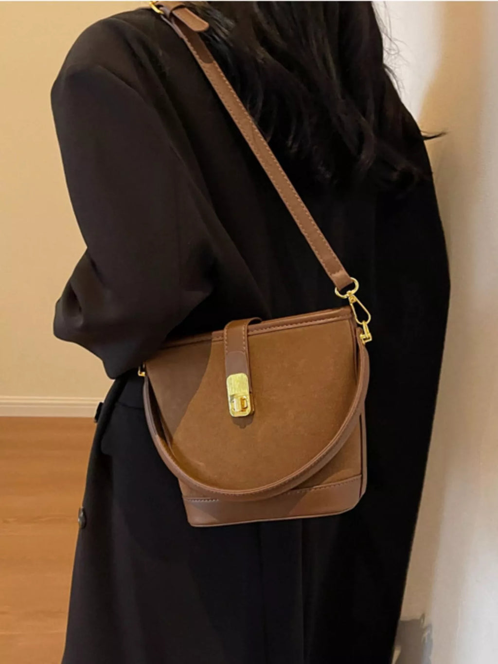 Gold Clasp Bucket Crossbody Bag