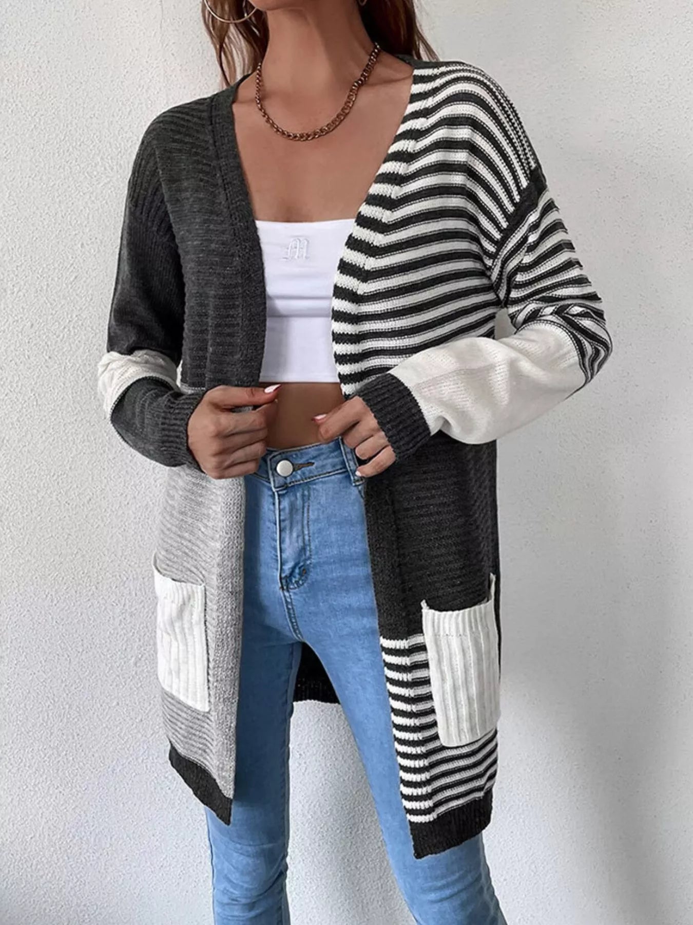 Striped Color Block Open Front Cardigan