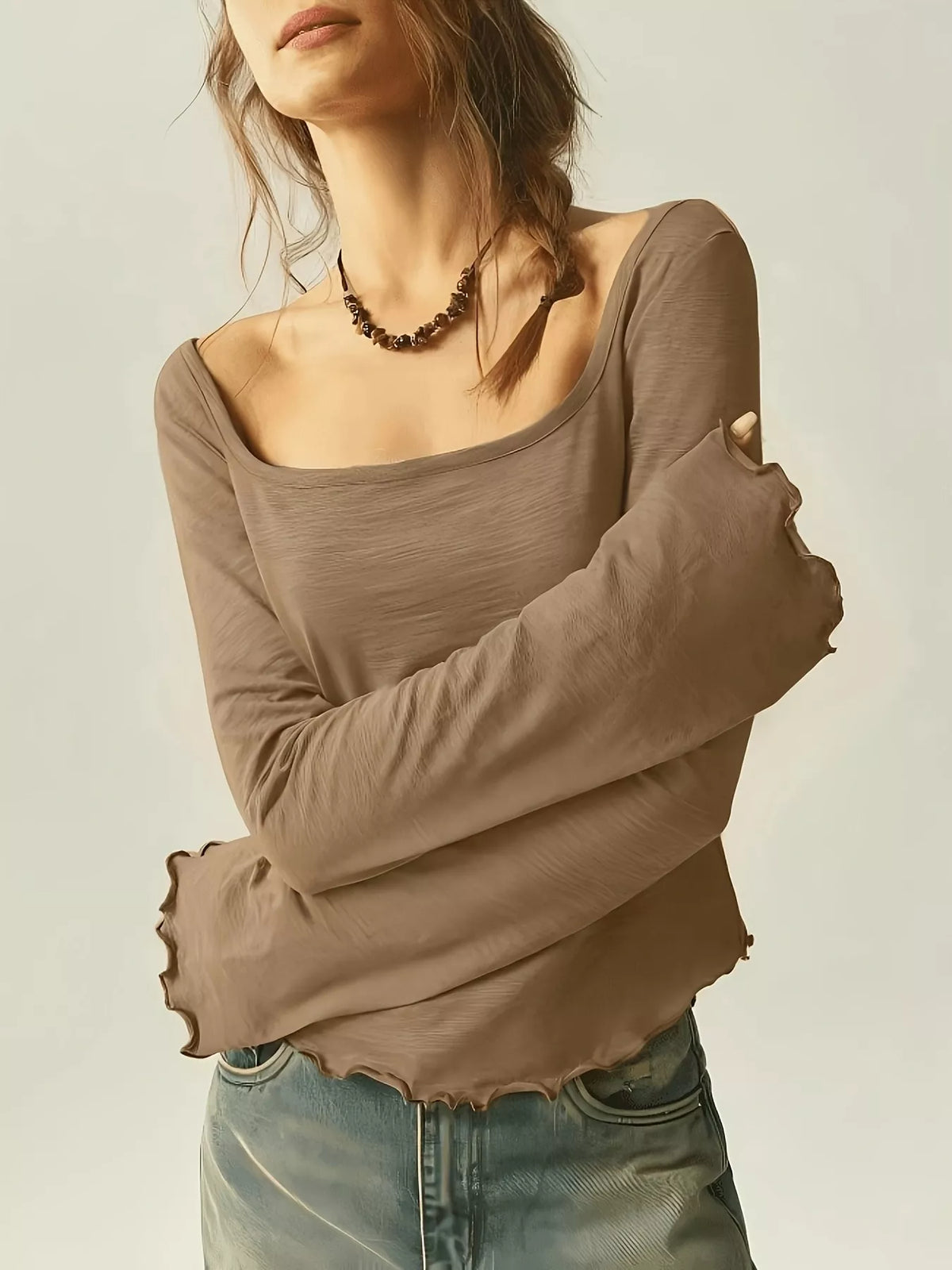 Long Sleeve Square Neck Slim-Fit T-Shirt