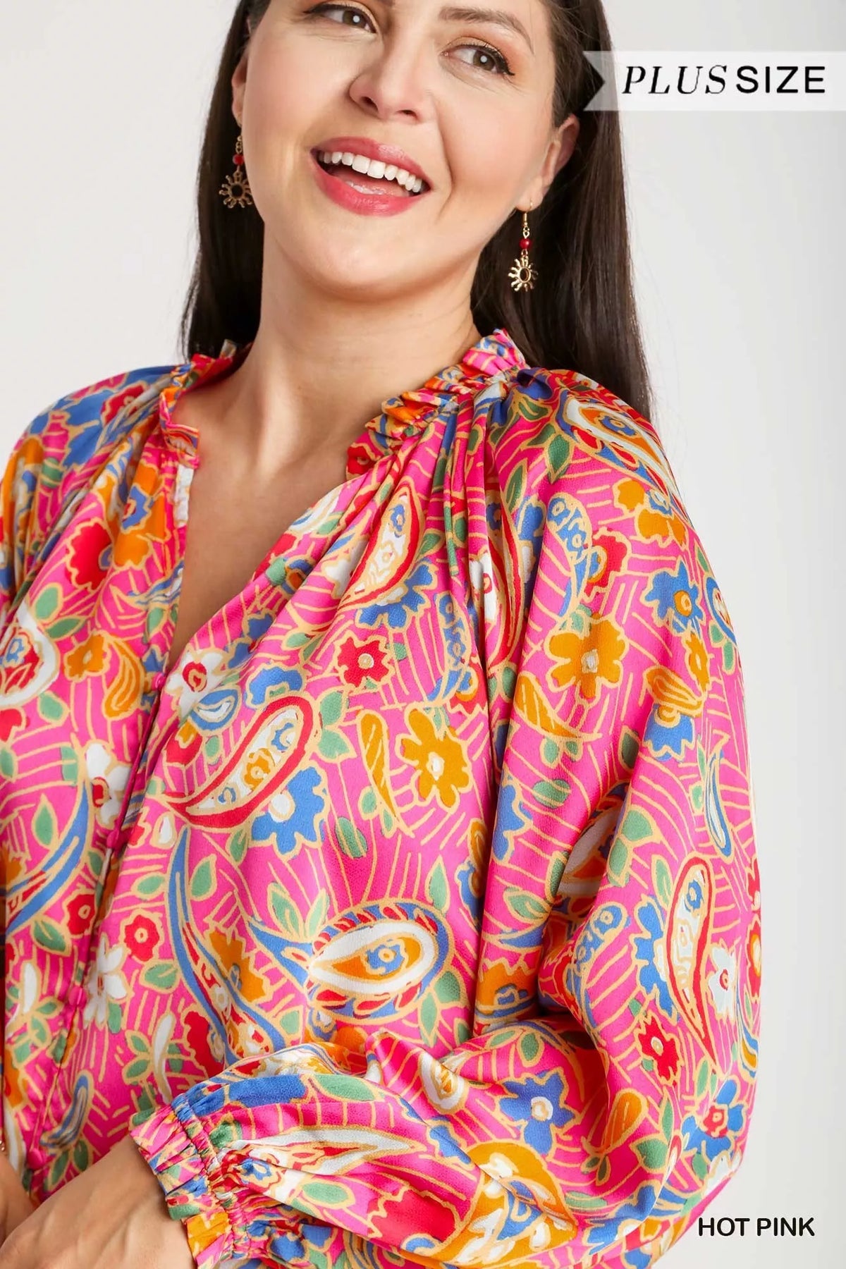 Satin Paisley Ruffle Neck Button-Up Shirt – Plus Size