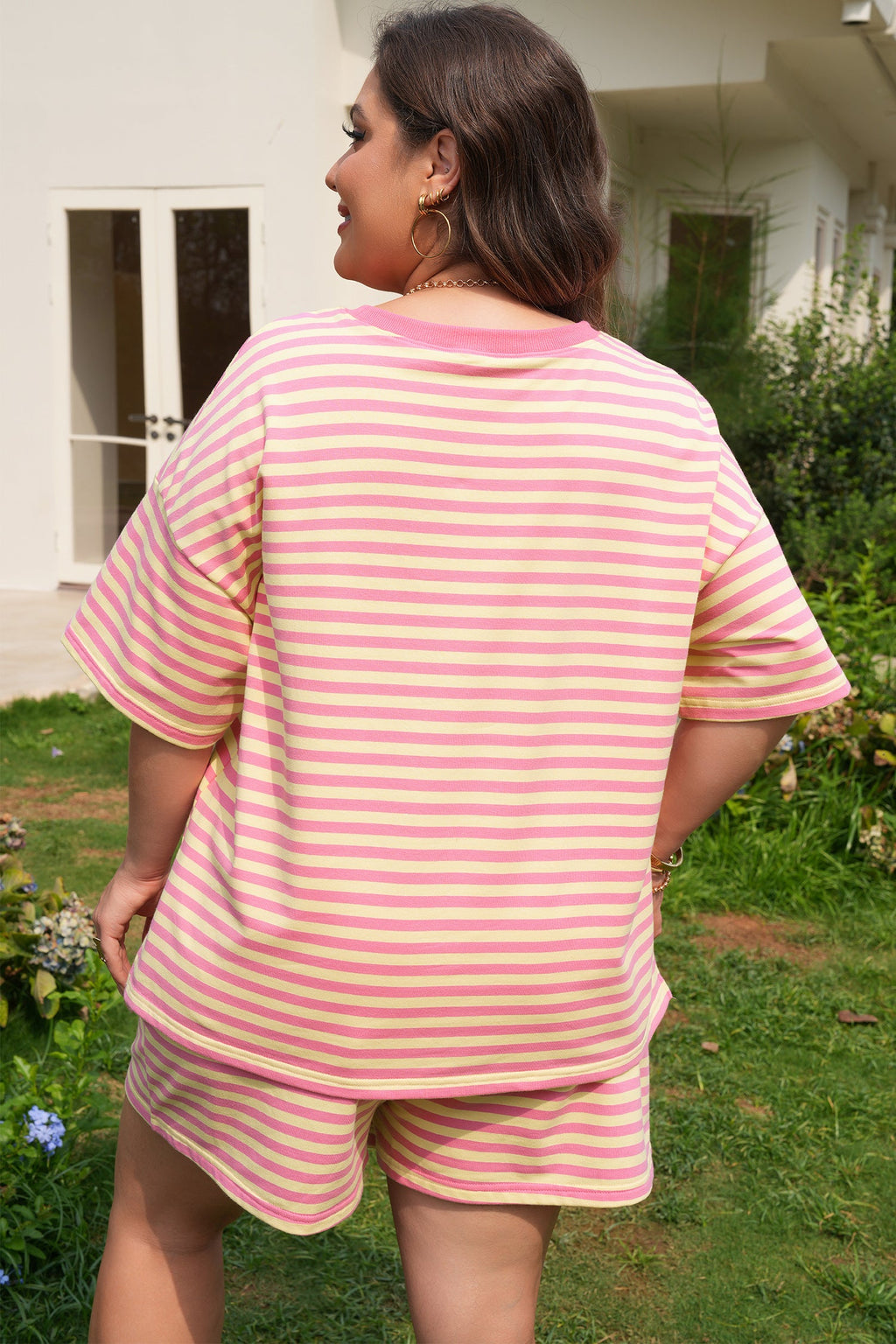 Rose Stripe Boxy Tee Drawstring Elastic Waist Short Set