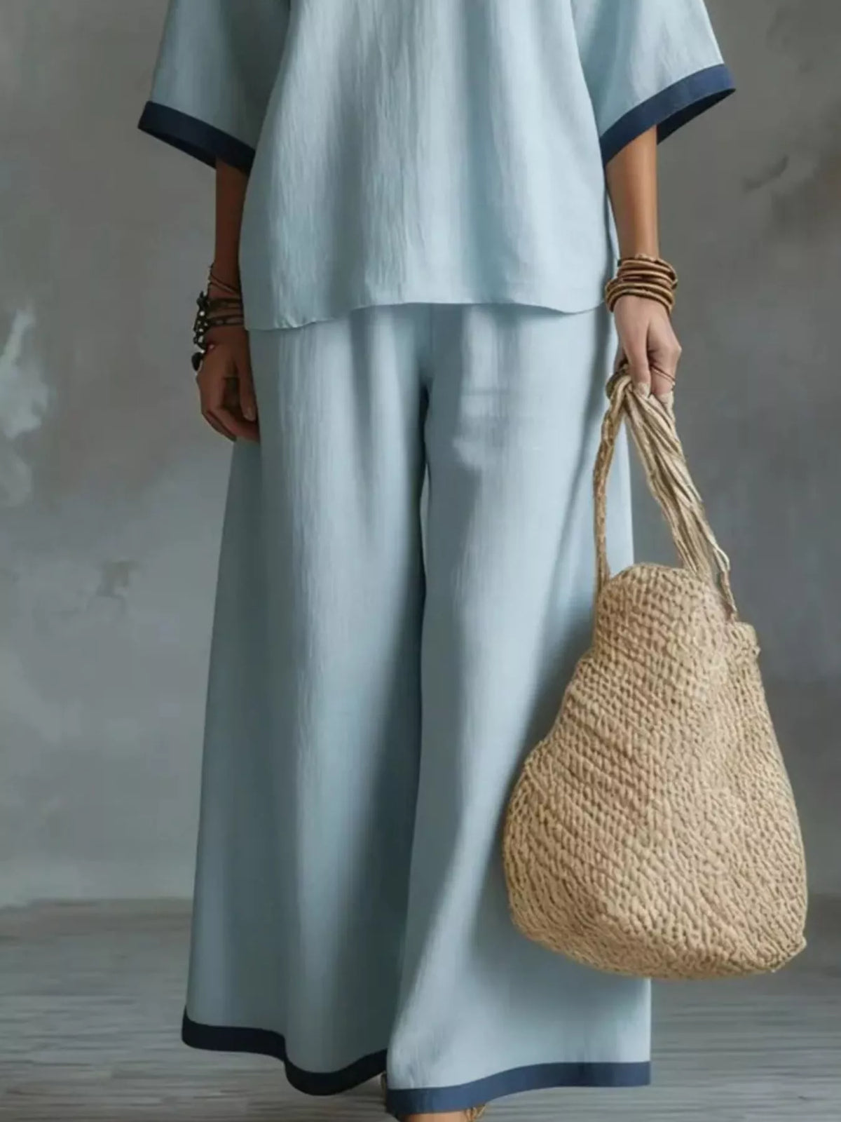 Full Size Contrast Trim V-Neck Top and Pants Set Plus Size