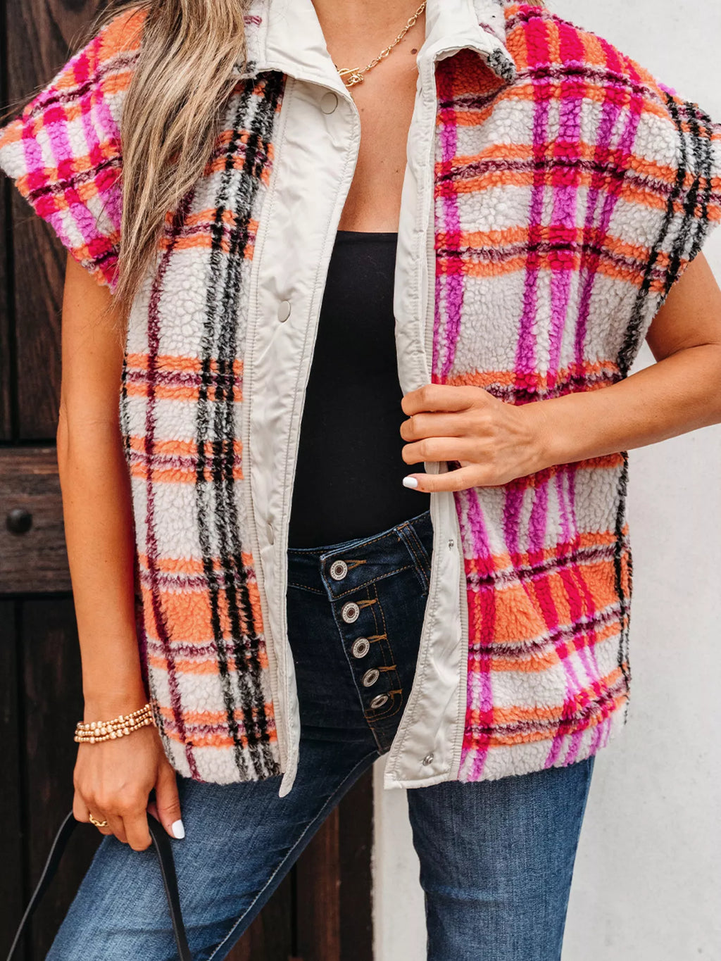 Sherpa Plaid Snap-Front Vest Coat