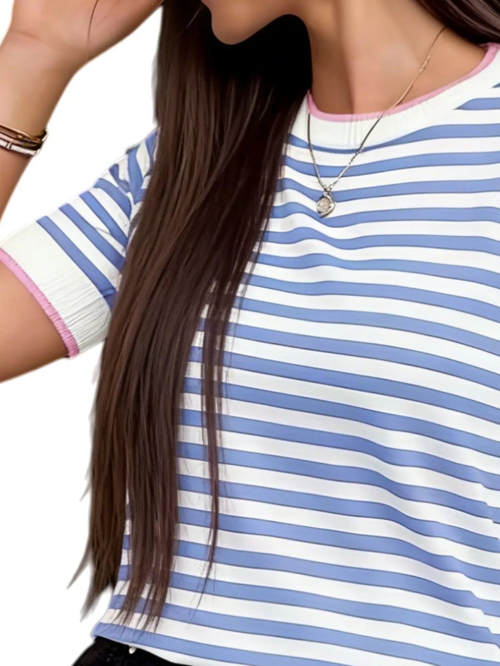 Contrast Trim Striped Short Sleeve Knit Top