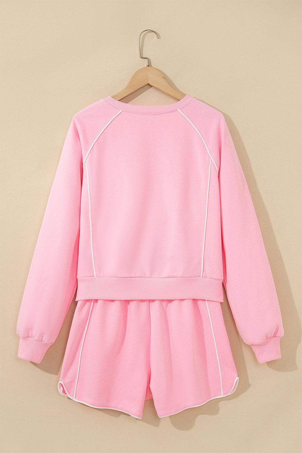 Pink Piping Trim Long Sporty Pullover Drawstring Elastic Waist Shorts Set