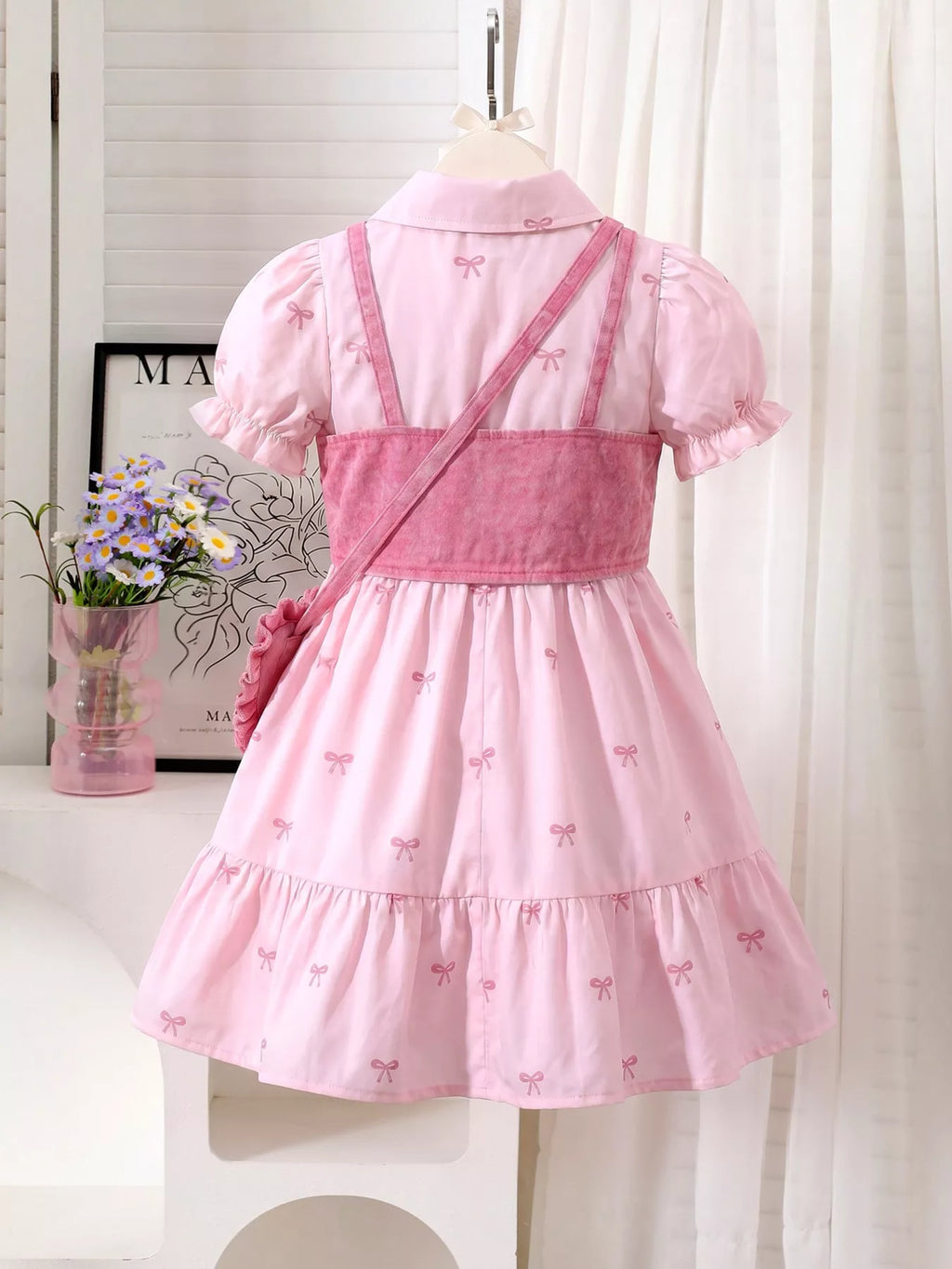 Children's Bow Print Puff Sleeve Dress and Vest Set with Heart Bag