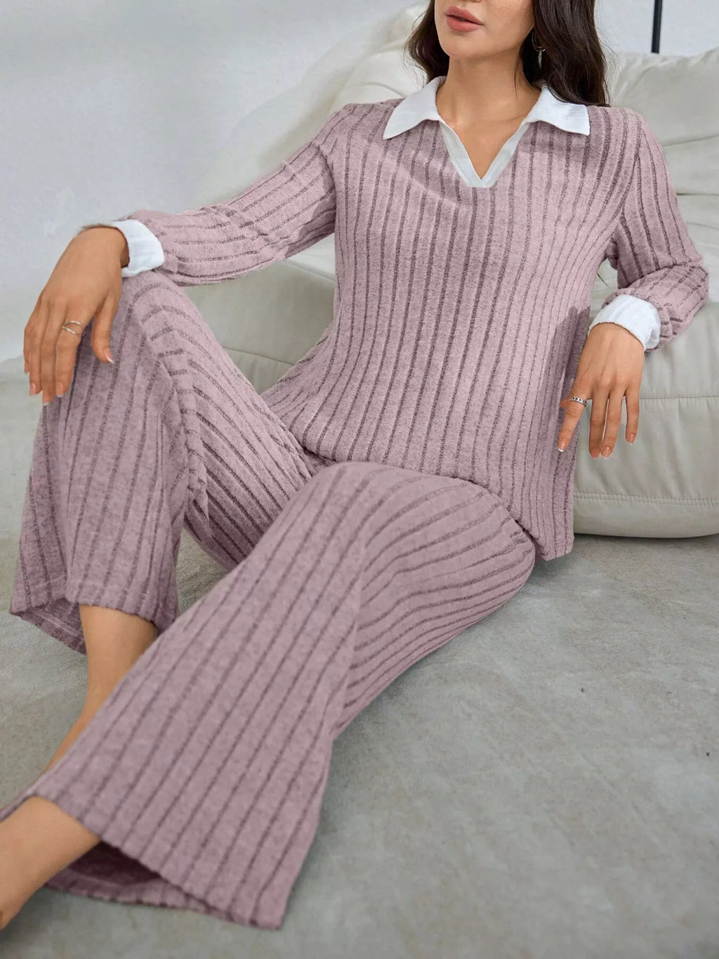 Ribbed Knit Polo Collar Top and Pants Lounge Set