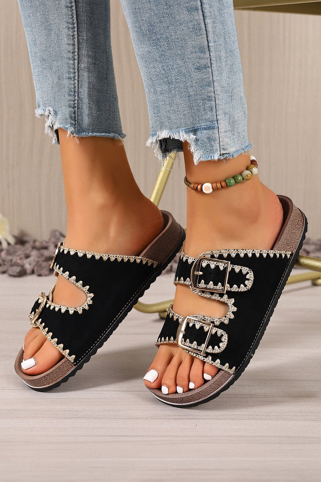 Black Embroidered Trim Retro Buckle Faux Suede Slippers