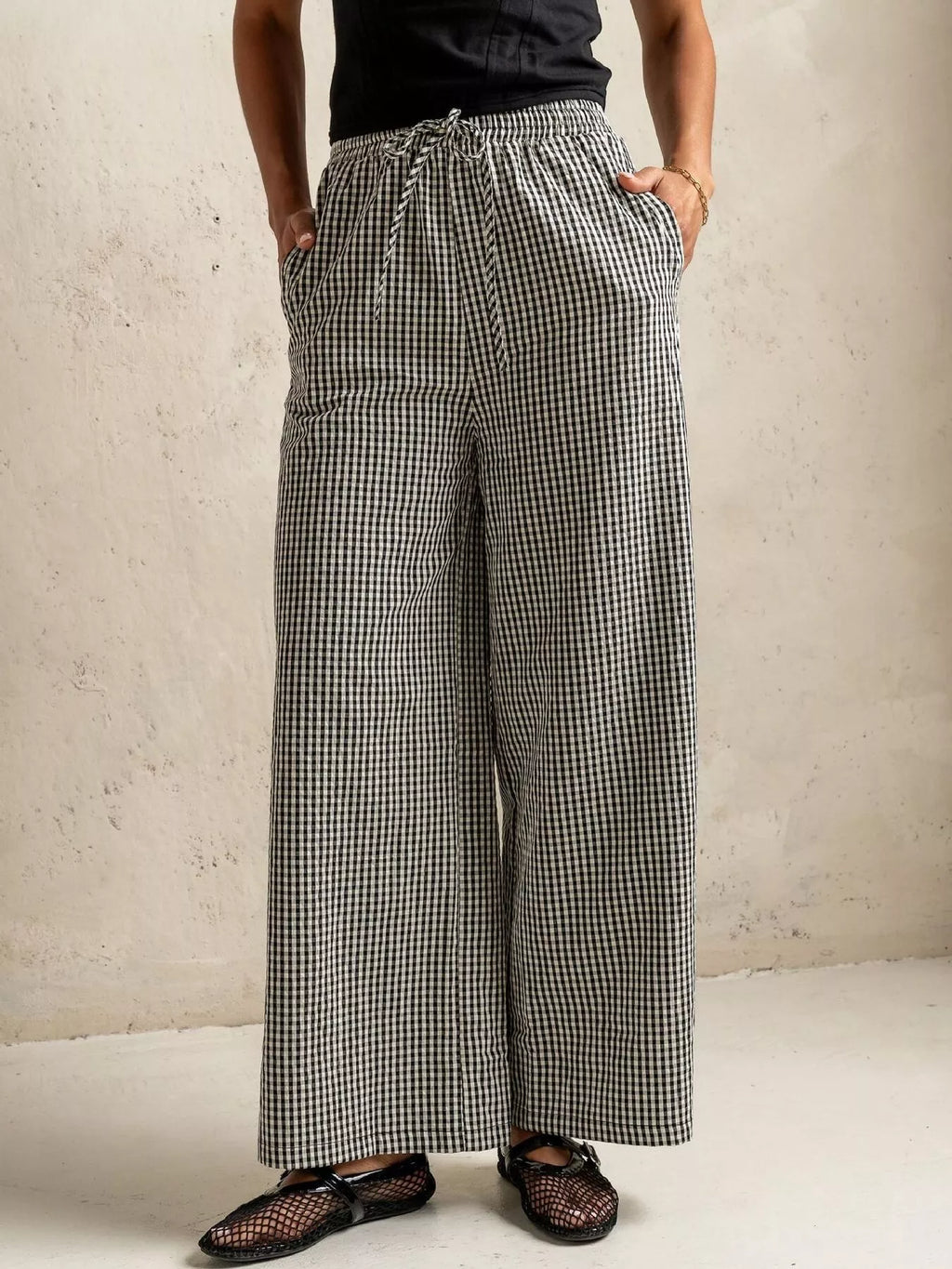 Gingham Wide-Leg Viscose Pants with Drawstring Waist and Pockets