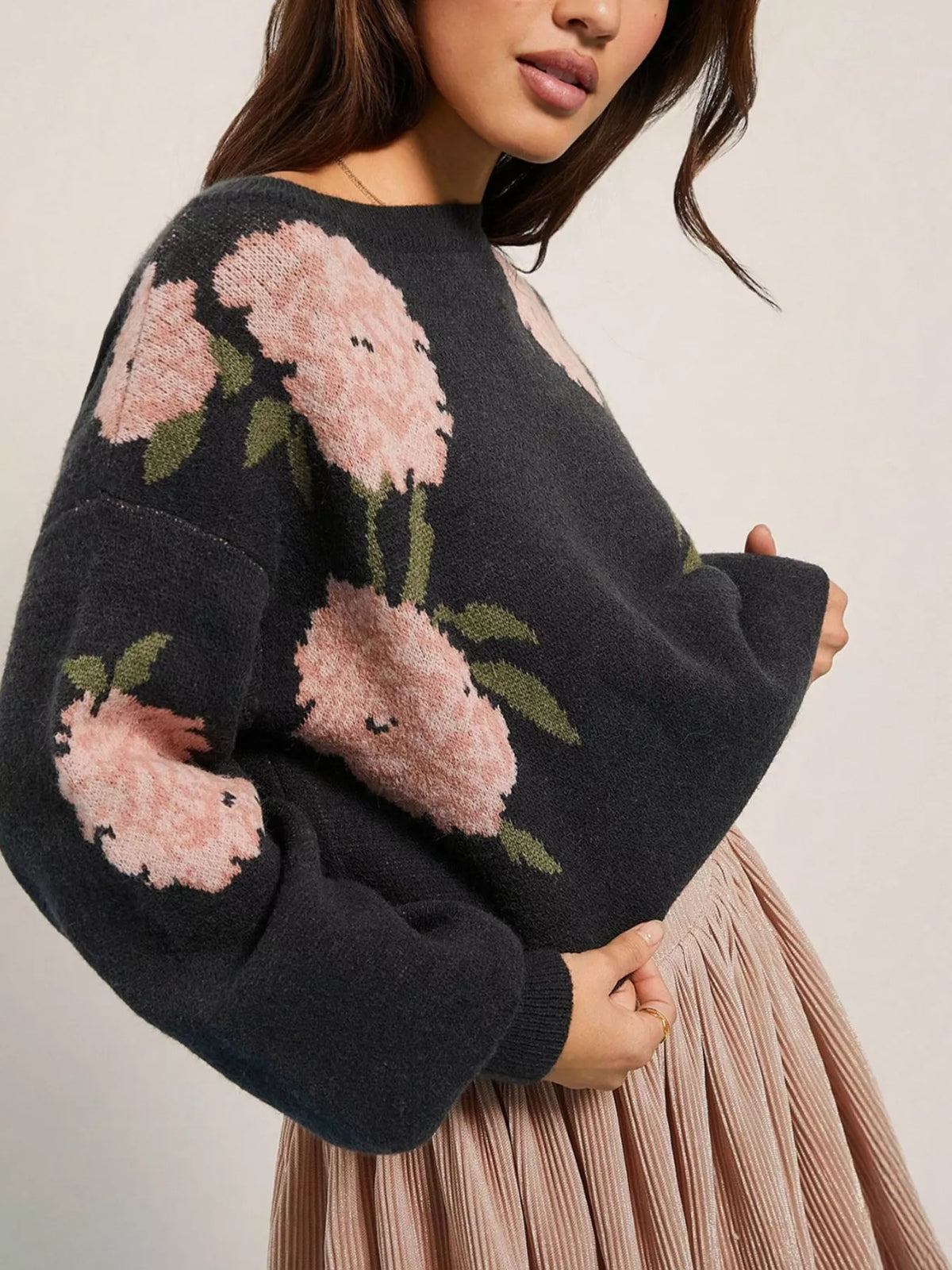 Floral Pattern Dropped Shoulder Sweater