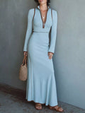 Full Size Contrast Trim Zip-Up Long Sleeve Knit Maxi Dress Plus Size