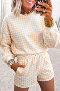 Gingham Long Sleeve Sweatshirt and Shorts Set
