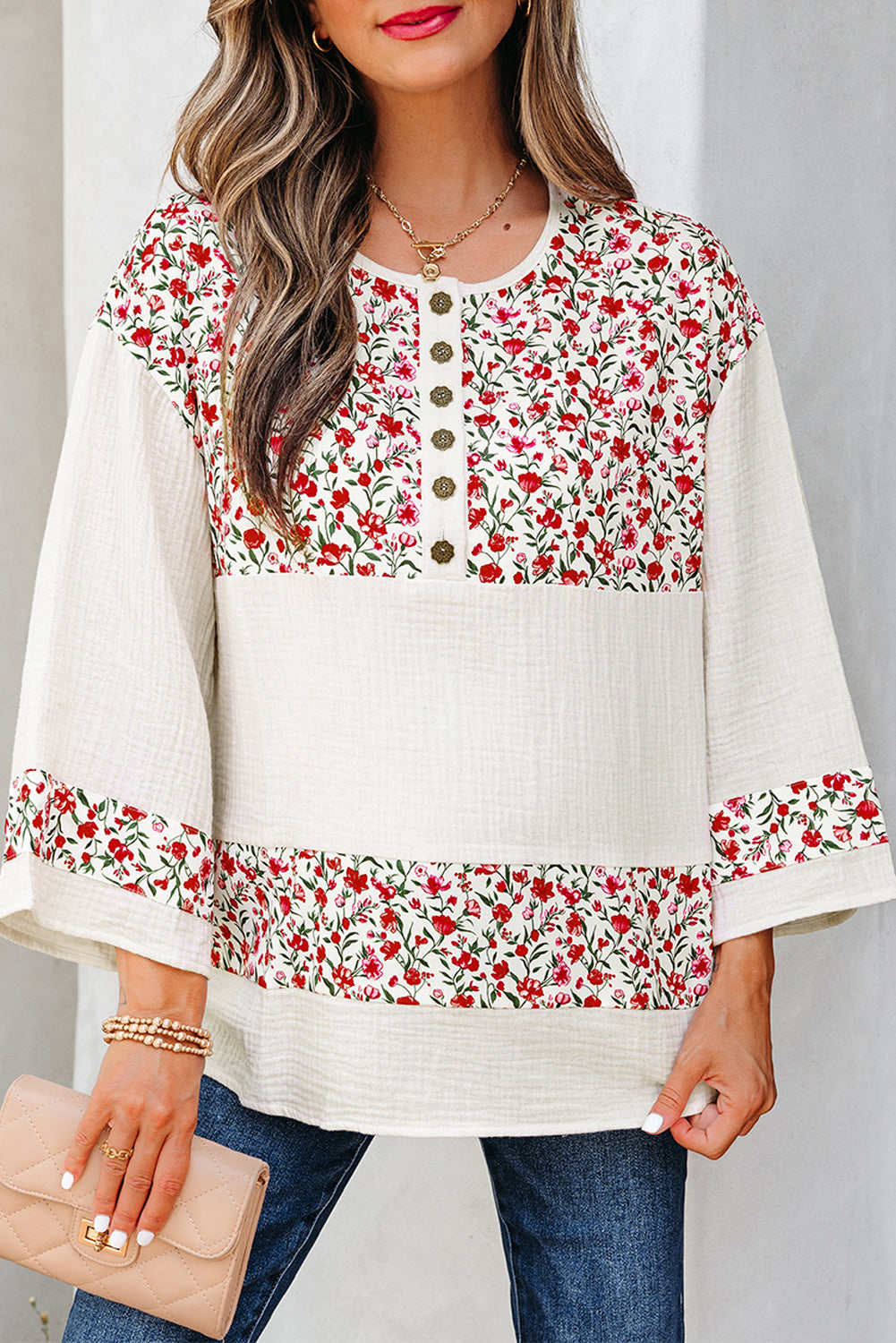 Floral Gauze Patchwork 3/4 Sleeve Blouse