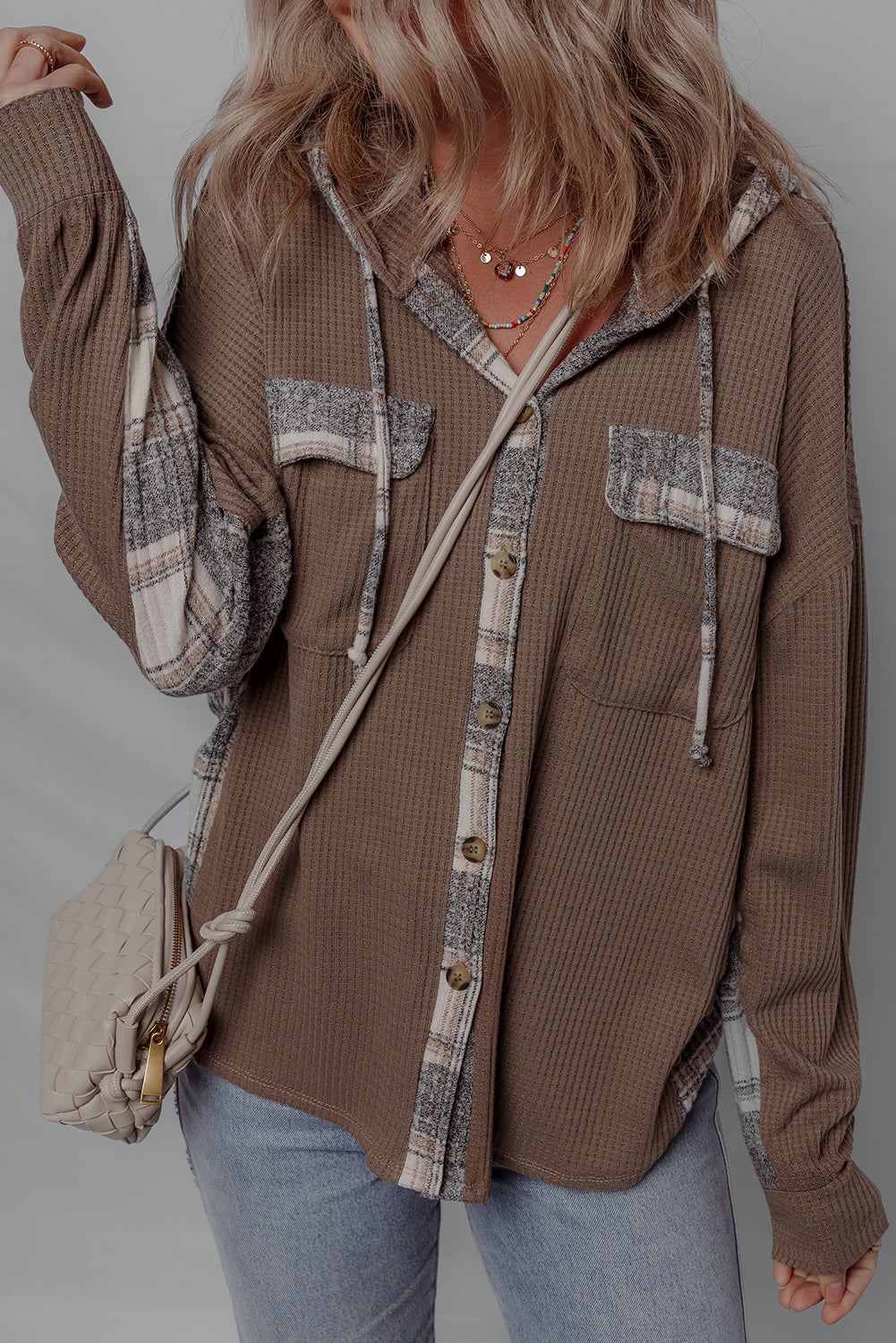Plaid Patchwork Button-Up Drawstring Hooded Shacket
