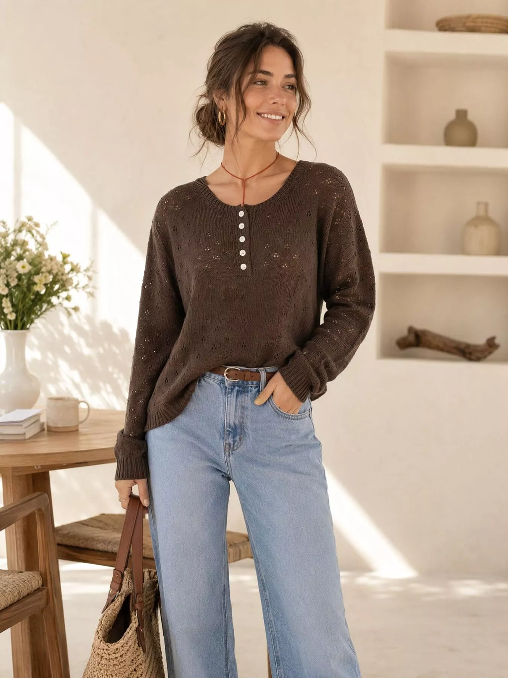 Pointelle Button-Front Round Neck Knit Top