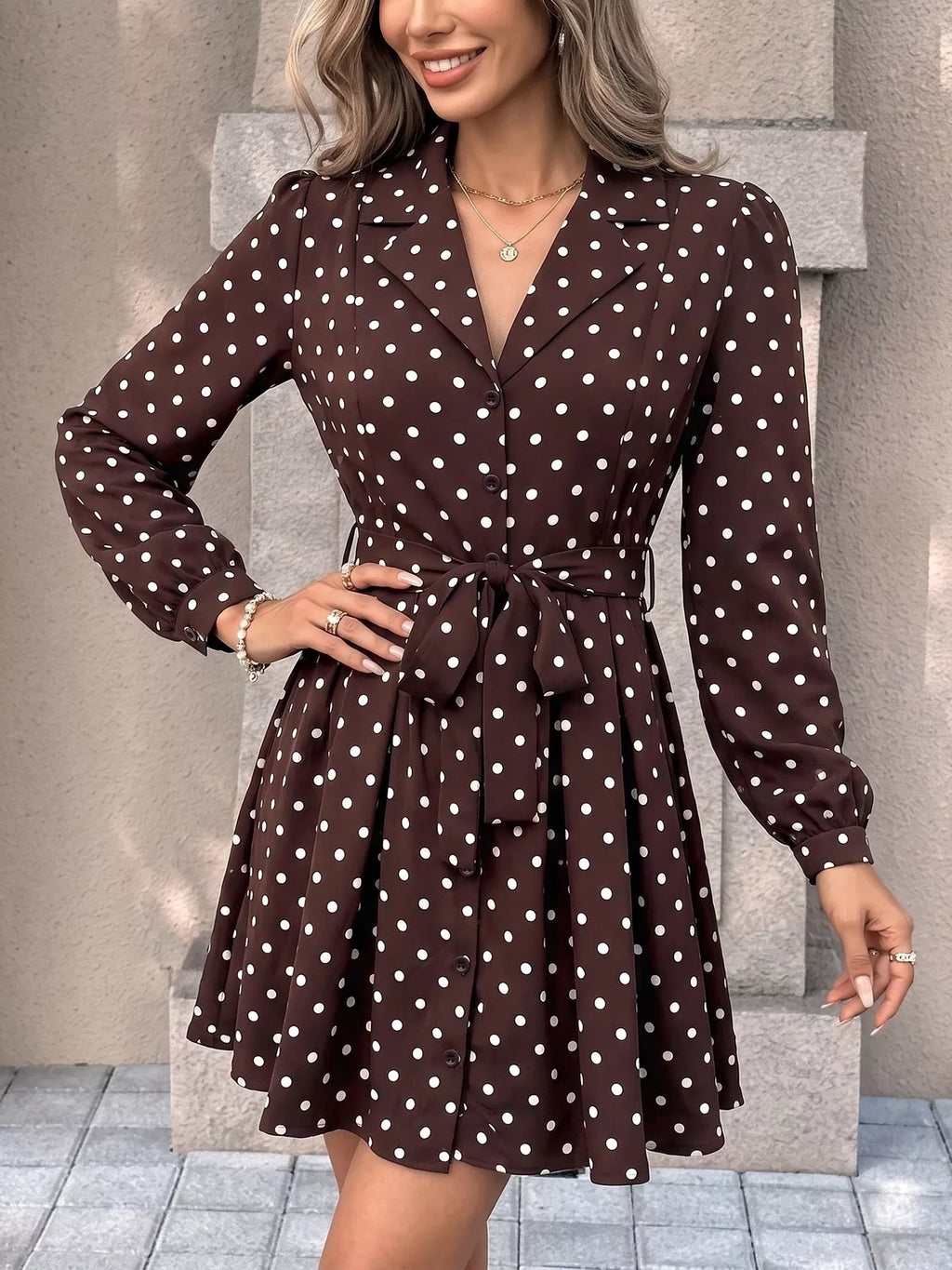 Polka Dot Long Sleeve Shirt Dress