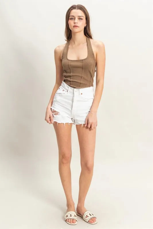 Mineral Wash Fitted Halter Top with Contrast Stitching
