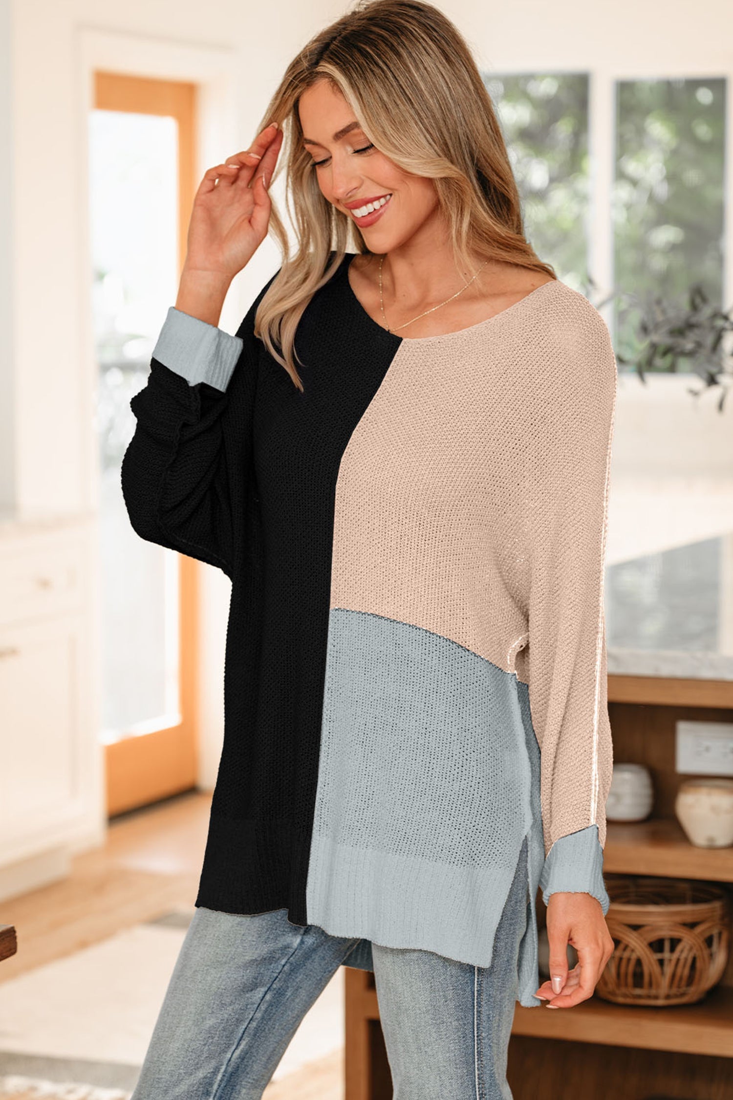 Black Color Block Knit V Neck Loose Sweater