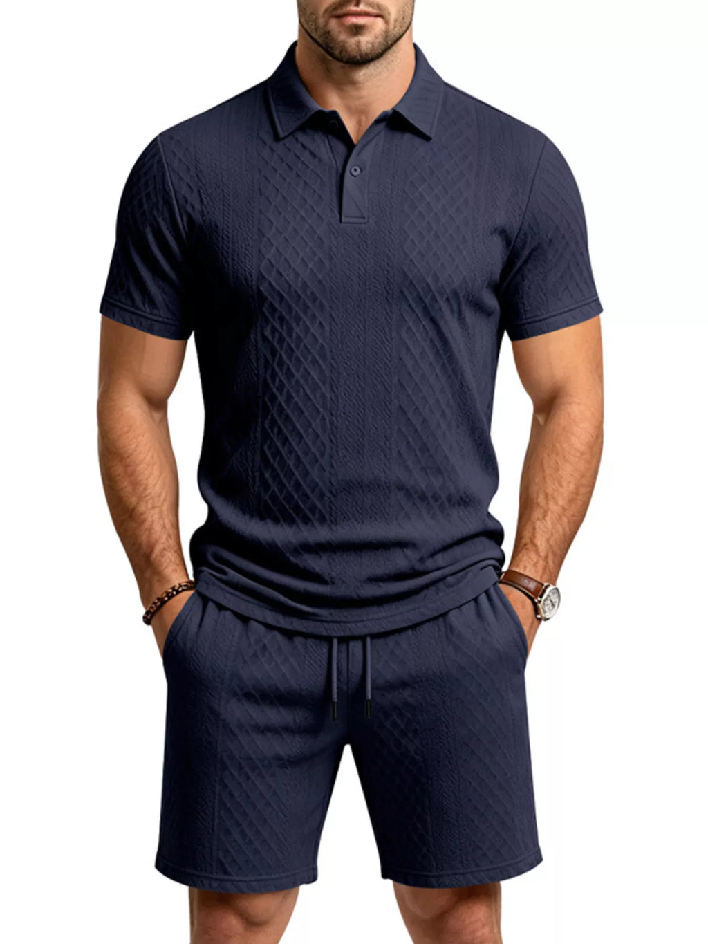 Men's Full Size Textured Short Sleeve Polo and Shorts Set Plus Size