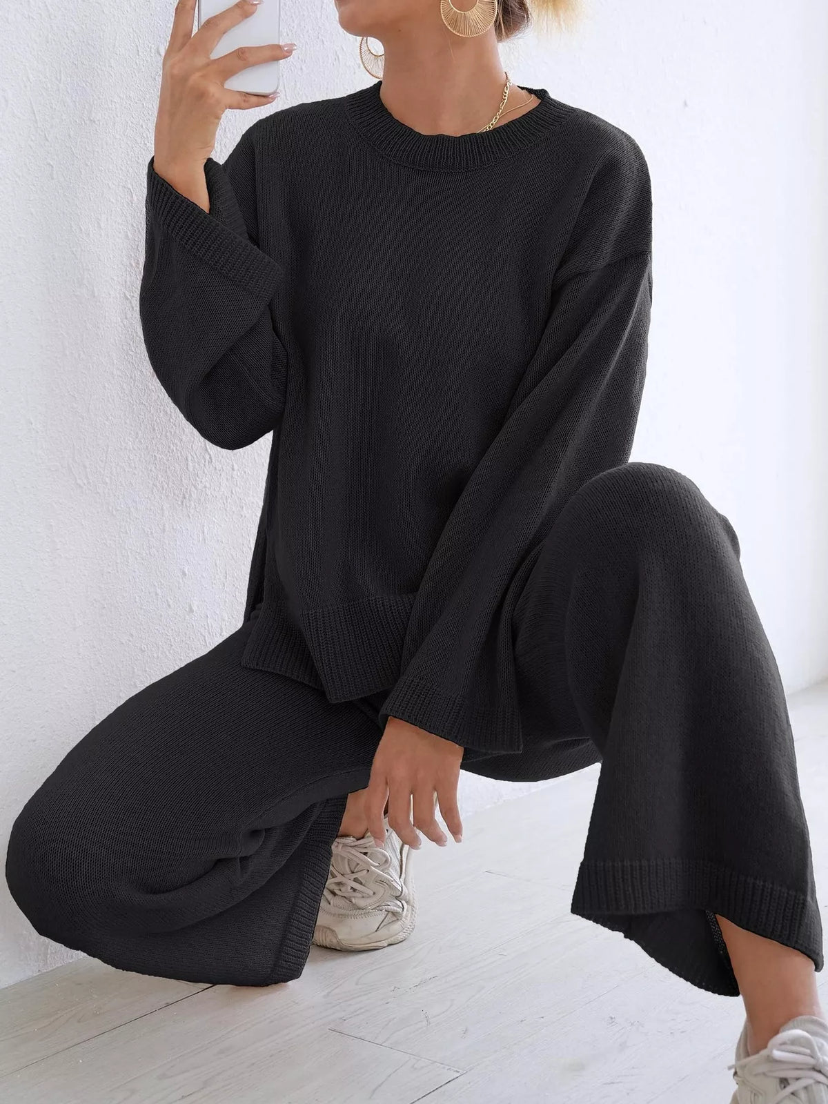 Dropped Shoulder Top and Pants Sweater Set