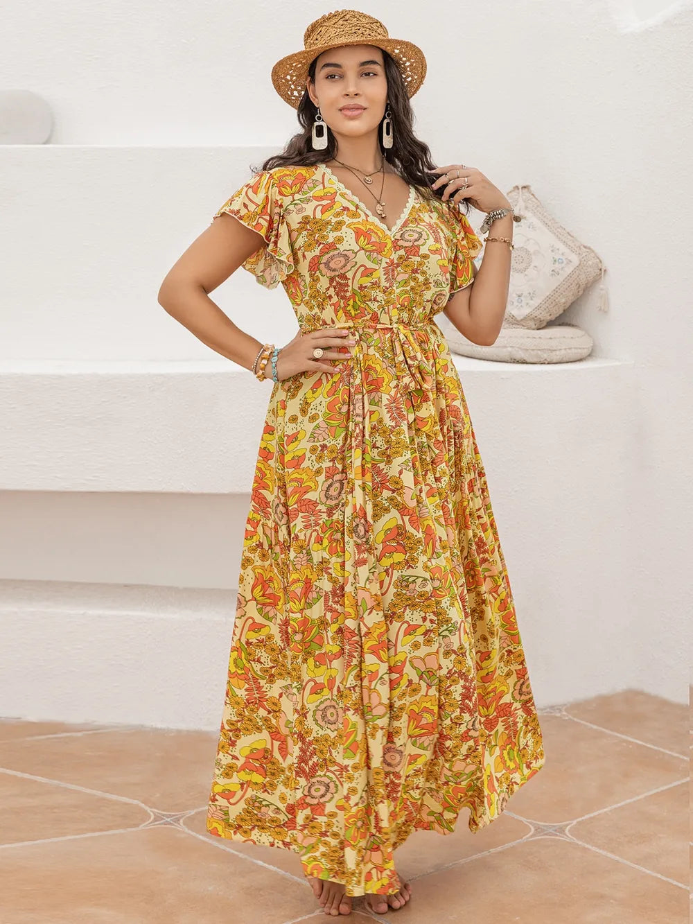 Printed V-Neck Flutter Sleeve Tie Waist Maxi Dress