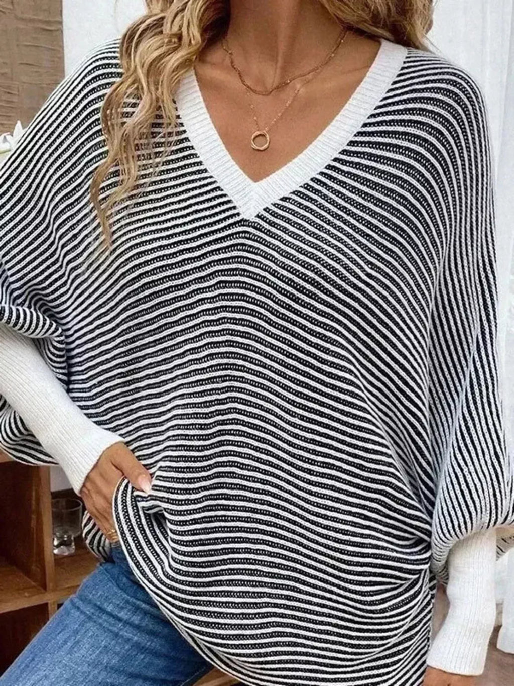 V-Neck Striped Batwing Sleeve Sweater