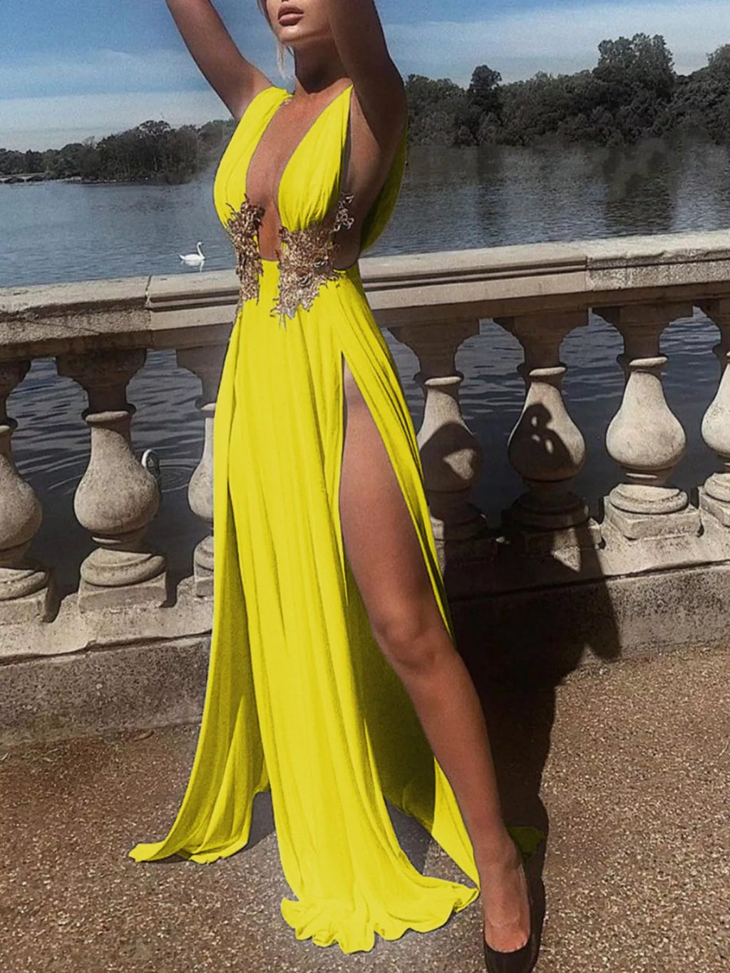 Deep V-Neck High Slit Maxi Dress