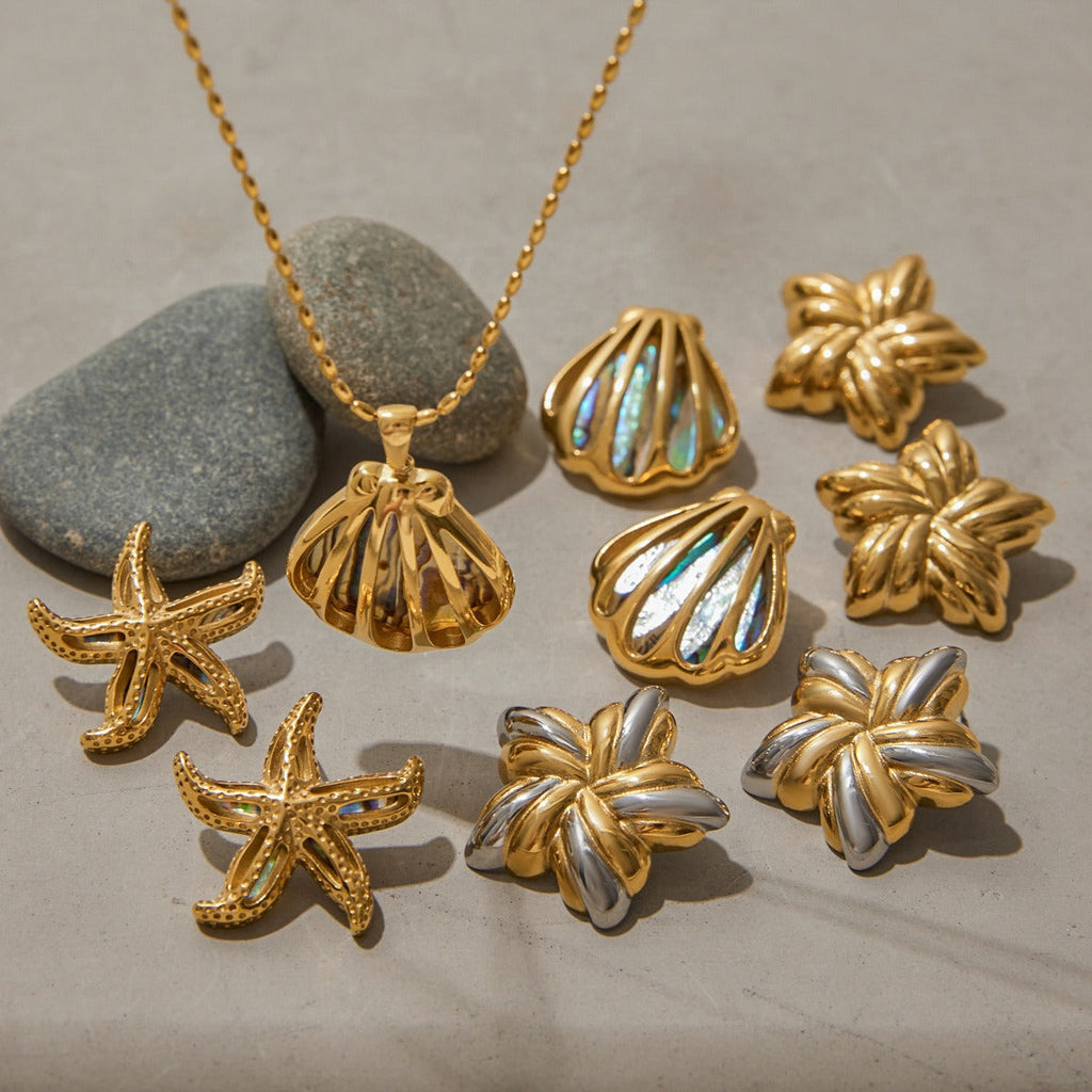 18K gold star/shell-shaped exquisite and noble earring necklace set