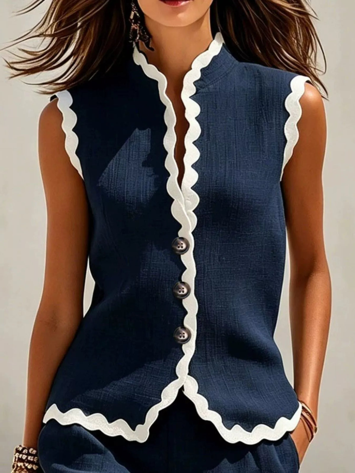 Full Size Scalloped Trim Sleeveless Vest and Shorts Two-Piece Set Plus Size