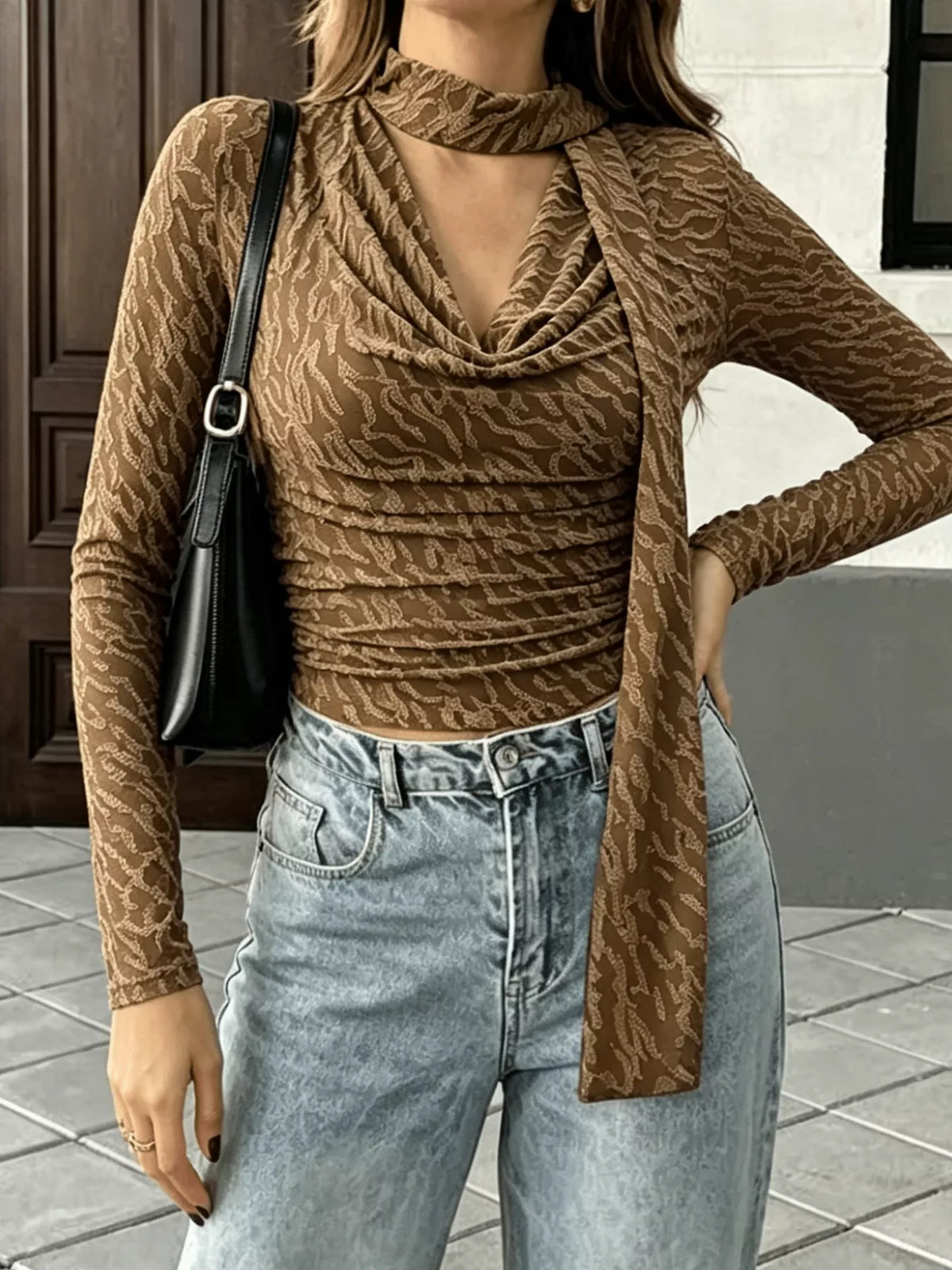 Textured Cowl Neck Long Sleeve Blouse with Scarf Detail