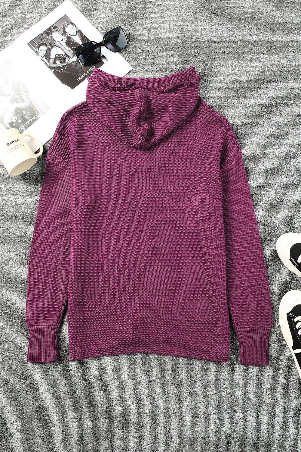Solid Ribbed Drop Shoulder Hooded V-Neck Sweater