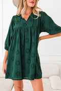 Solid Embroidered Eyelet 3/4 Sleeve Mini Dress