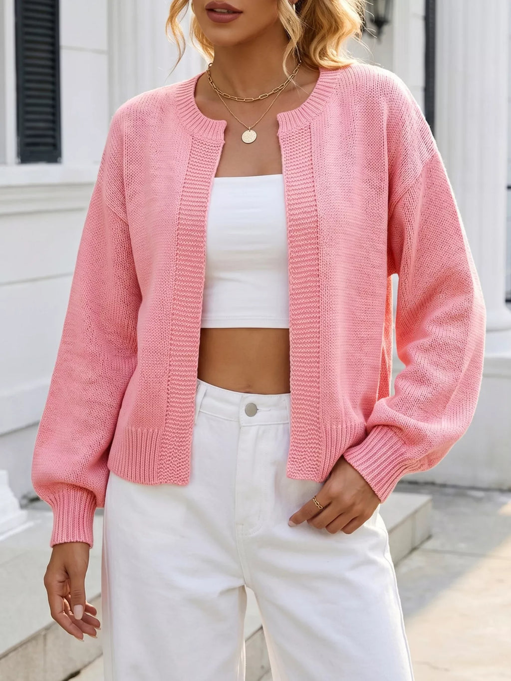 Casual Open-Front Knit Cardigan with Ribbed Trim