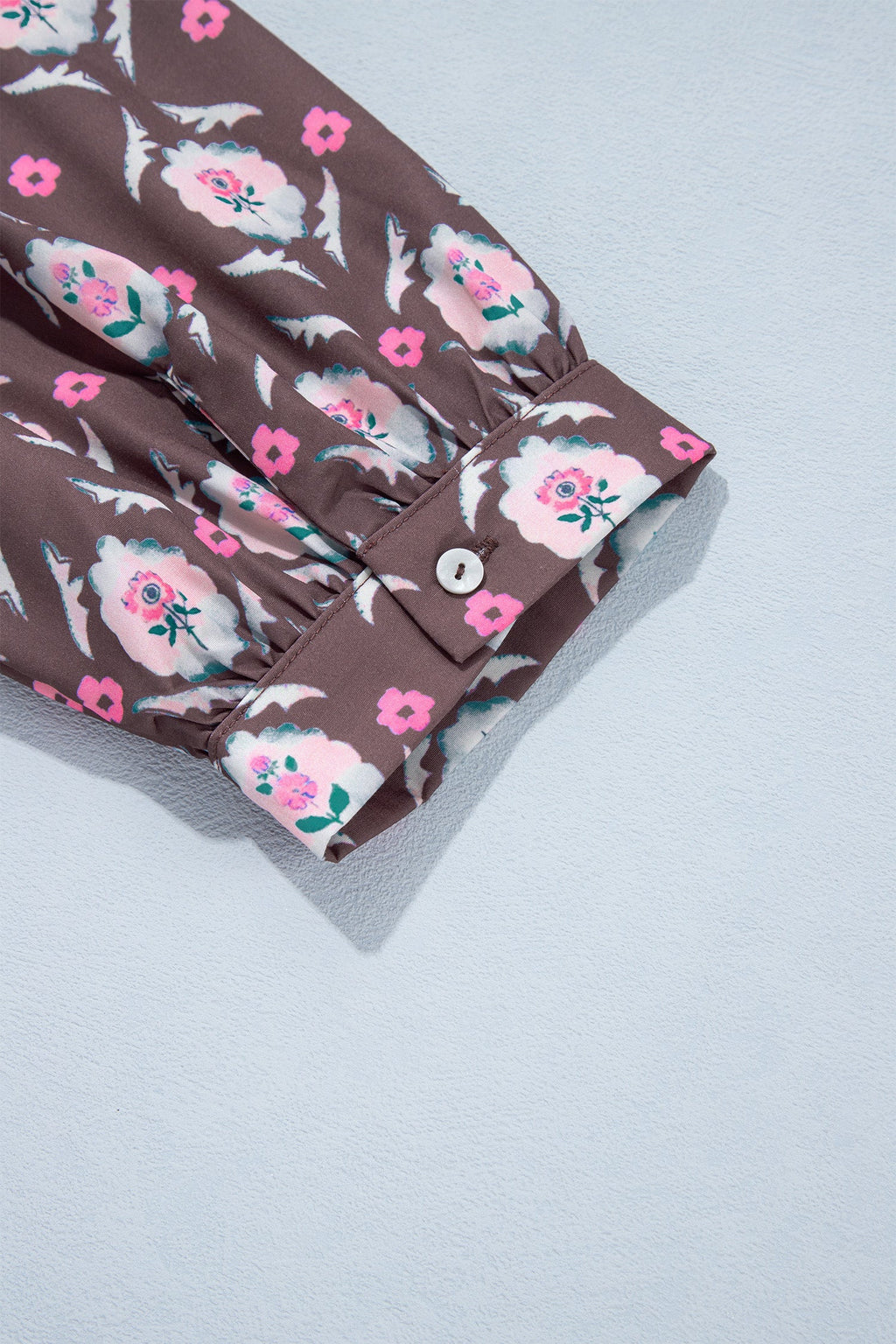 Brown Floral Print Button Front Ruffle Hem Midi Dress