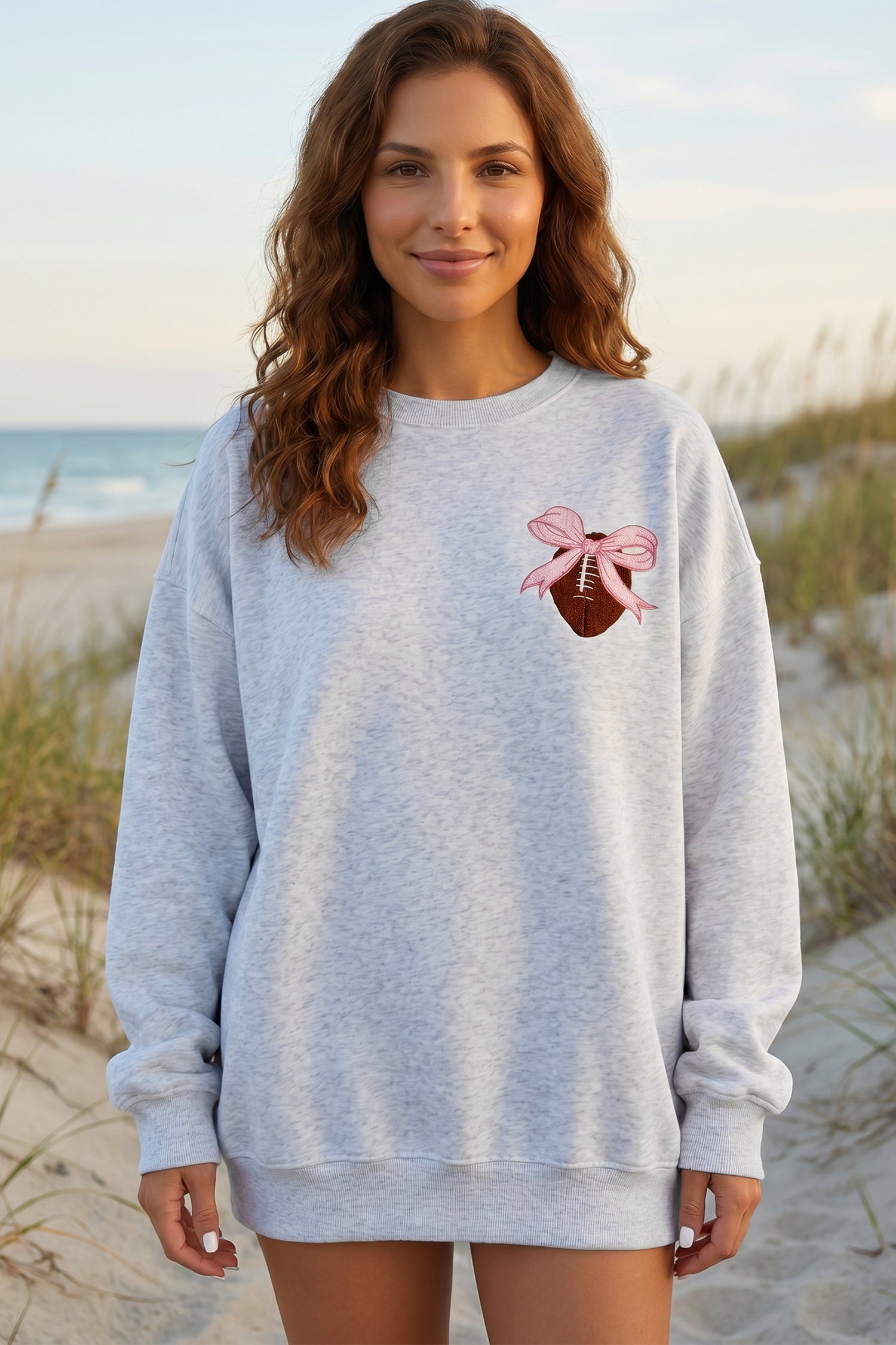 Light Grey Embroidered Football Bow Back Long Sleeve Sweatshirt