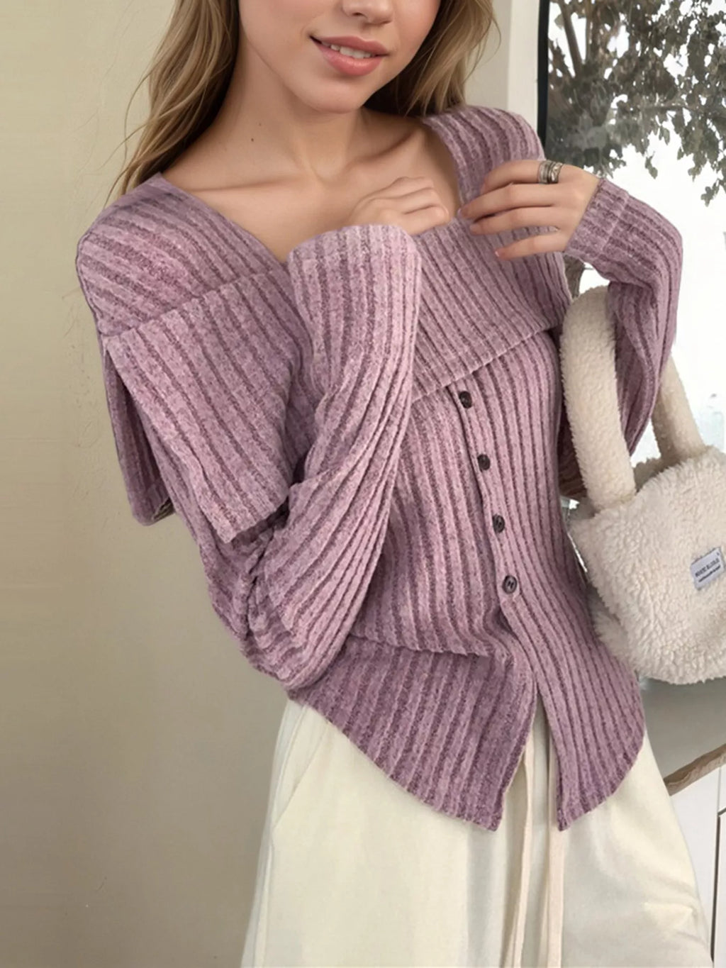 Ribbed Square Neck Long Sleeve Top