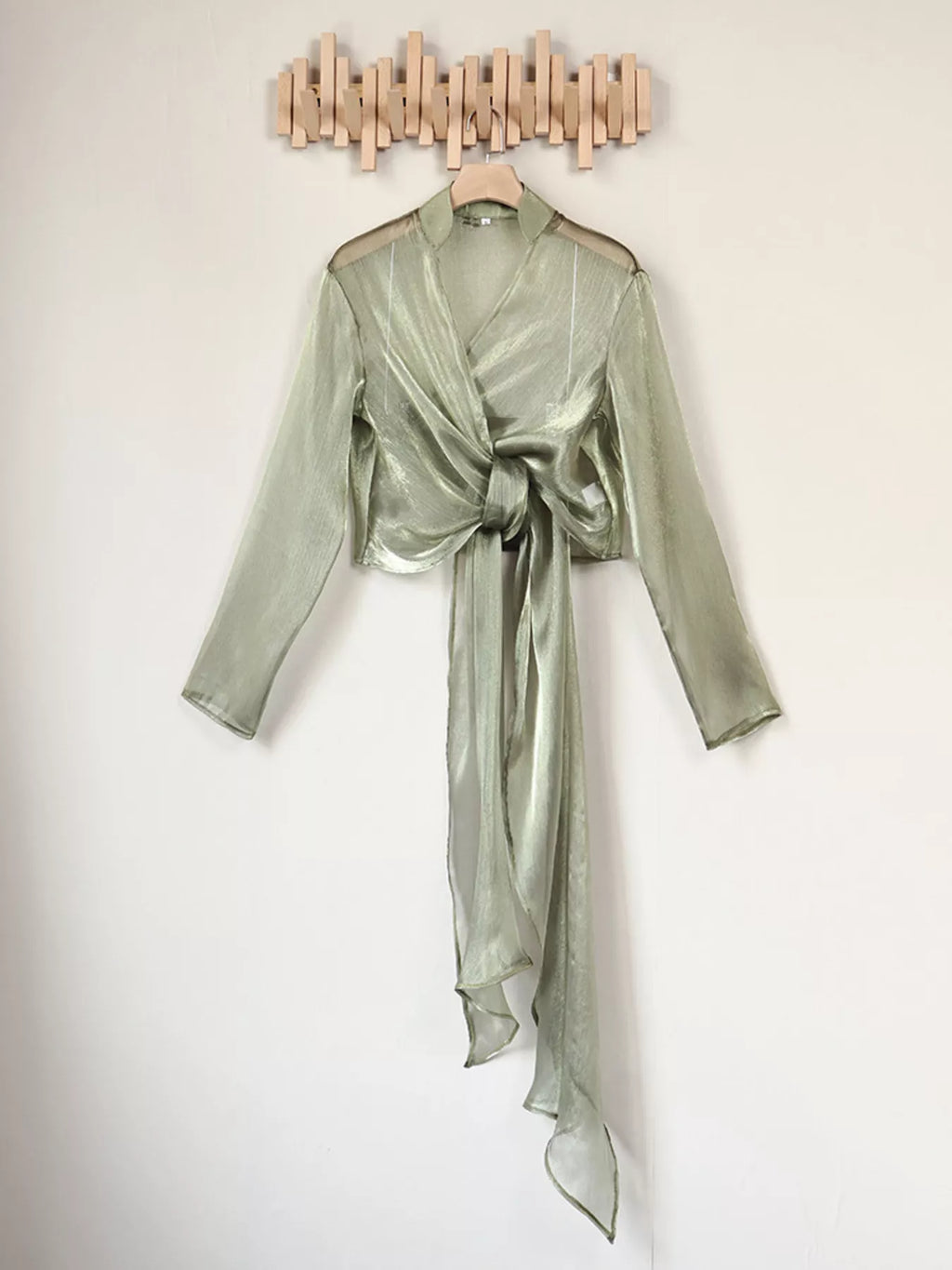 Sheer Front Tie Detail Long Sleeve Shirt