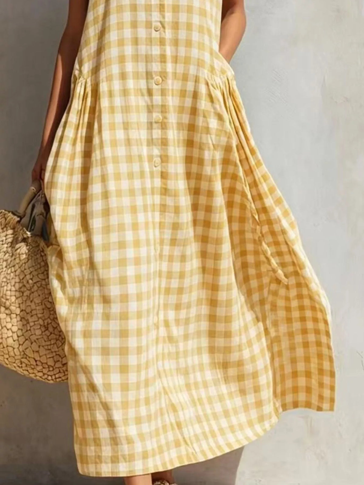 Full Size Sleeveless Gingham Button-Down Midi Dress Plus Size