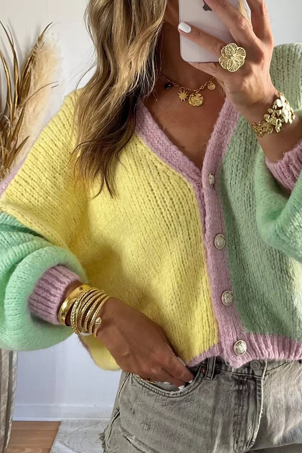 V Neck Drop Shoulder Patchwork Regular Wash Knitwear Cardigan