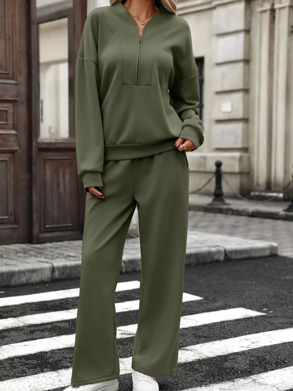 Half Zip Sweatshirt and Wide-Leg Pants Set