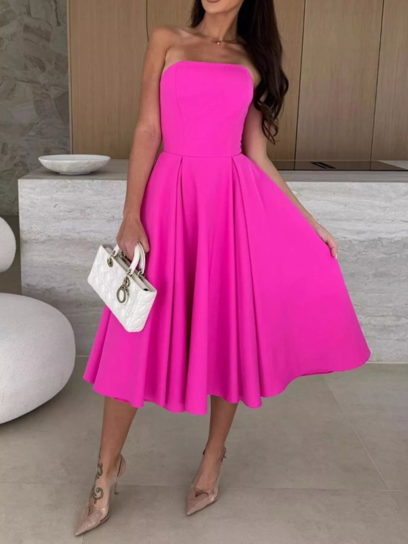 Strapless Ruched A-Line Midi Dress