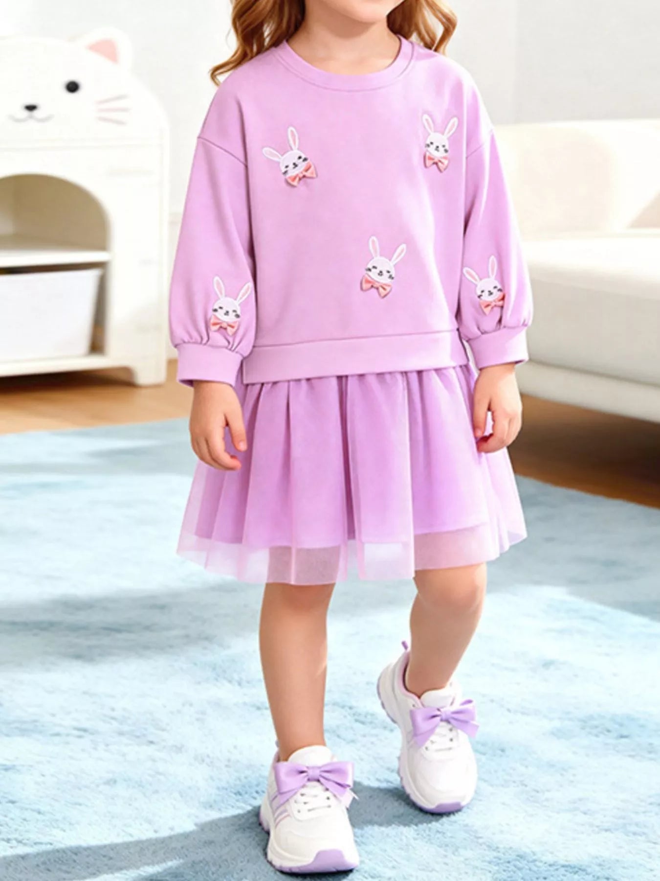 Children's Bunny Embroidered Sweatshirt Tulle Dress